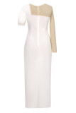 Weiße Promis Solide Patchwork-Schlitz-Hot-Drill-Reißverschluss-O-Ausschnitt-langes Kleid