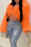 Capispalla con collo in cardigan in pelliccia patchwork solido arancione sexy