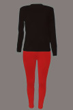 Negro rojo casual estampado patchwork cuello redondo manga larga dos piezas