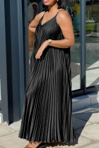 Zwarte elegante effen patchwork geplooide jurken met spaghettibandjes