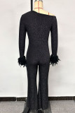 Zwarte zoete effen patchwork veren schuine kraag reguliere jumpsuits