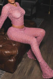 Pink Sexy Street Solid Hollowed Out Patchwork See-through O Neck Long Sleeve Two Pieces Crop Tops And Flare Leg Pants Sets
