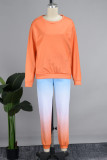 Orange Casual Print Basic O Neck Long Sleeve Two Pieces