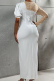 Weiße Promis Solide Patchwork-Schlitz-Hot-Drill-Reißverschluss-O-Ausschnitt-langes Kleid