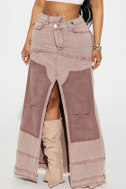 Розовый уличный рваный пэчворк с карманами и пуговицами с разрезом на молнии, обычная заниженная талия, обычные лоскутные штаны