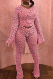 Pink Sexy Street Solid Hollowed Out Patchwork See-through O Neck Long Sleeve Two Pieces Crop Tops And Flare Leg Pants Sets