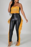 Gold Sexy Casual Solid Patchwork Backless Strapless Sleeveless Tassel Two Pieces Tube Crop Tops And Pants Sets