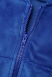 Королевский синий повседневный однотонный лоскутный воротник на молнии с капюшоном и длинным рукавом из двух частей