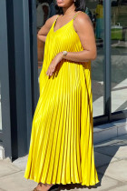 Gele elegante effen patchwork geplooide jurken met spaghettibandjes
