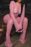 Розовый сексуальный уличный однотонный ажурный пэчворк с прозрачным круглым вырезом и длинным рукавом из двух частей