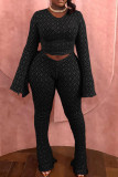 Black Sexy Street Solid Hollowed Out Patchwork See-through O Neck Long Sleeve Two Pieces Crop Tops And Flare Leg Pants Sets