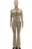Khaki Sweet Solid Patchwork Buckle Fold Turndown Collar Long Sleeve Two Pieces