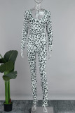 Mörkbrun Sexig Leopardbandage Patchwork Rygglös U-hals Skinny Jumpsuits