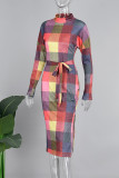 マルチカラー カジュアル カラーブロック パッチワーク スリット ベルト付き O ネック ワンステップ スカート ドレス