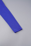 Vestido longo azul casual sólido patchwork com abertura alta e decote em V