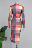 Multicolor Casual Color Block Patchwork Slit With Belt O Neck One Step Skirt Dresses
