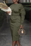 Elegantes, einfarbiges Patchwork-Kleid mit Kordelzug, O-Ausschnitt und einstufigem Rock in Armeegrün