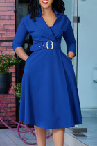 Patchwork sólido elegante azul com cinto e decote em V Vestidos linha A (cinto incluído)