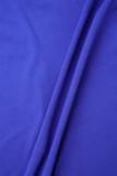 ブルー カジュアル ソリッド パッチワーク 高開口部 V ネック ロング ドレス ドレス