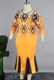 Оранжевые элегантные платья с вырезом в стиле пэчворк на молнии с круглым вырезом и раструбом Русалка больших размеров