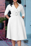 Patchwork sólido branco elegante com cinto e decote em V Vestidos linha A (cinto incluído)