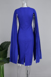 Bleu Royal élégant solide Patchwork pli fermeture éclair col rond jupe crayon robes