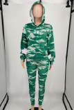 Green Casual Camouflage Print Patchwork Draw String Pocket Hooded Collar Plus Size Two Pieces