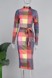 Vestidos de falda de un paso con cinturón y cuello en O con retazos de bloques de color informales multicolores
