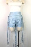 Light Blue Sexy Solid Tassel Patchwork Cross Straps Zipper Weave Skinny Low Waist Conventional Solid Color Bottoms