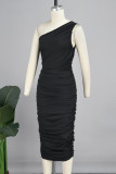 ブラック セクシー ソリッド パッチワーク フォールド ワンショルダー ラップ スカート ドレス
