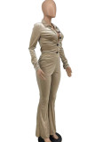 Khaki Sweet Solid Patchwork Buckle Fold Turndown Collar Long Sleeve Two Pieces