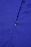 Koningsblauwe elegante effen patchwork vouw-rits O-hals kokerrokjurken