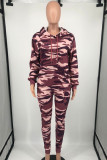 Purple Casual Camouflage Print Patchwork Draw String Pocket Hooded Collar Plus Size Two Pieces