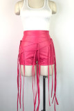 Pink Sexy Solid Tassel Patchwork Cross Straps Zipper Weave Skinny Low Waist Conventional Solid Color Bottoms
