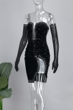 Zwart sexy effen patchwork rugloze hete boor off-shoulder jurken met lange mouwen
