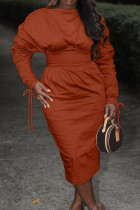 ダークオレンジのエレガントなソリッドパッチワークドローストリング折りOネックワンステップスカートドレス