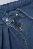 Blauwe elegante effen patchwork rits hoge taille losse denim jeans