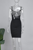 Black Street Горячее сверление в стиле пэчворк Прозрачные платья с открытой спиной и асимметричным воротником с запахом и юбкой