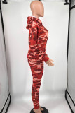 Tangerine Red Casual Camouflage Print Patchwork Draw String Pocket Hooded Collar Plus Size Two Pieces