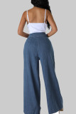Blaue, elegante, solide Patchwork-Jeans mit Reißverschluss und hoher Taille, lockere Denim-Jeans