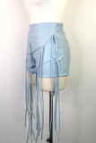 Azul claro Sexy borla lisa Patchwork correas cruzadas cremallera tejido flaco cintura baja pantalones de Color sólido convencional