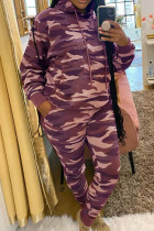 Violet décontracté imprimé Camouflage Patchwork cordon de serrage poche col à capuche grande taille deux pièces