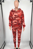 Tangerine Red Casual Camouflage Print Patchwork Draw String Pocket Hooded Collar Plus Size Two Pieces