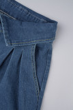 Blaue, elegante, solide Patchwork-Jeans mit Reißverschluss und hoher Taille, lockere Denim-Jeans