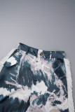 Blue Street Print Tassel Patchwork Pocket Buttons Zipper Regular Mid Waist Wide Leg Full Print Bottoms