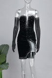 Zwart sexy effen patchwork rugloze hete boor off-shoulder jurken met lange mouwen