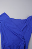 Blaue, lässige, solide Patchwork-lange Kleider mit hoher Öffnung und V-Ausschnitt