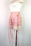 Rose Red Sexy Solid Tassel Patchwork Cross Straps Zipper Weave Skinny Low Waist Conventional Solid Color Bottoms