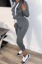 Dark Gray Casual Print Letter Hooded Collar Long Sleeve Two Pieces