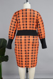 Oranje elegante print patchwork gekruiste bandjes split asymmetrische kraag kokerrok plus size jurken